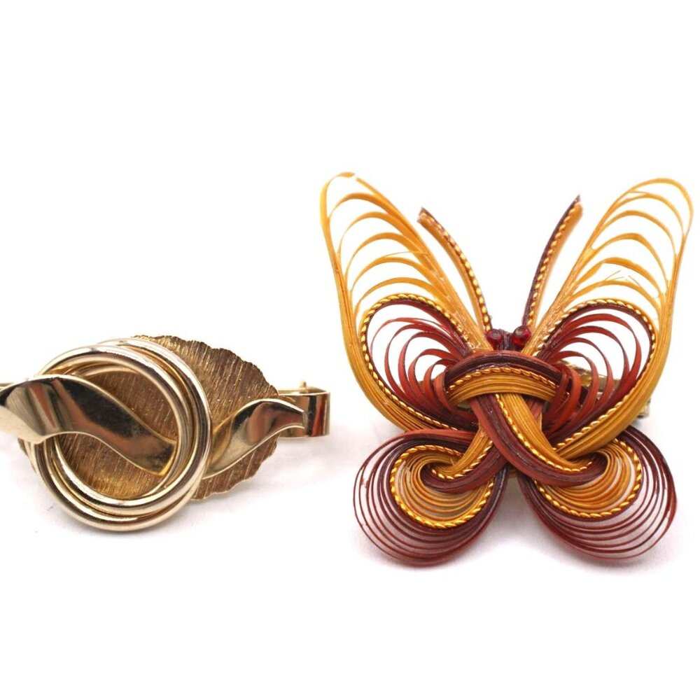 Vintage Scarf Clips Bamboo Butterfly and Gold Tone Swirl Jewelry Scarves Brooch